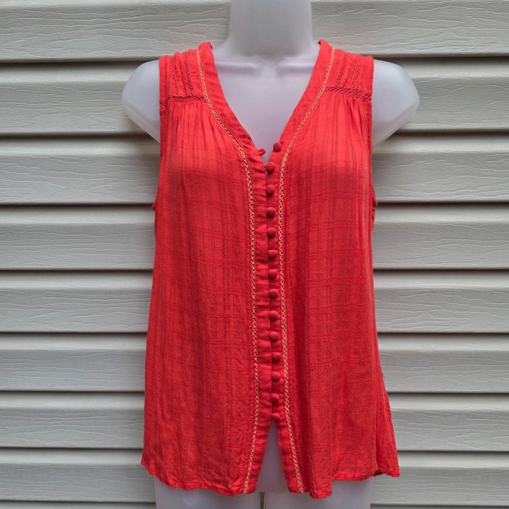 Skies Are Blue Top‎ S Sleeveless Button Front Orange Gauze Crochet Trim Boho